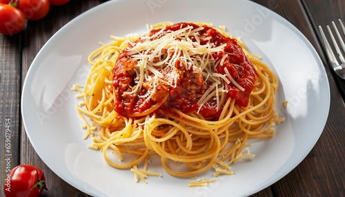 Spaghetti with tomato sauce and basil