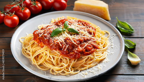 Spaghetti with tomato sauce and basil