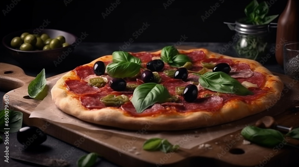 Pizza with sausage, basil and olives on a wooden board Pizza with sausage, basil and olives on a wooden board