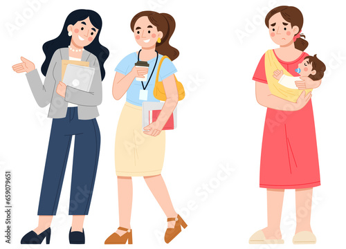 Housewife and cheerful female employees illustration