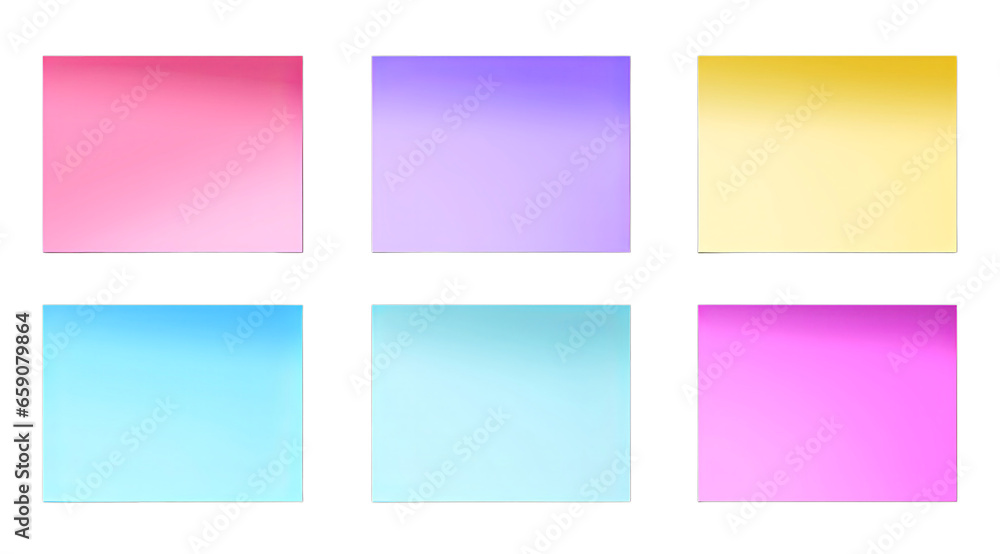 Set / Collection of colorful empty paper sheets isolated on transparent background PNG, mock up for design.