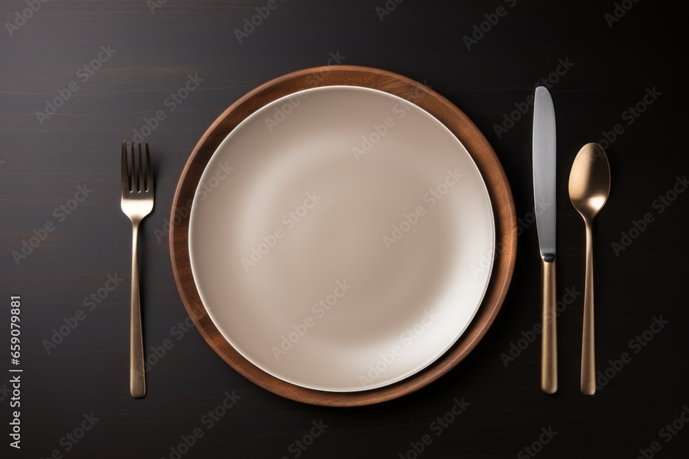 Empty rustic ceramic french style plate, fork and knife on a kitchen table surface, top view. Neat table setting set-up for a dinner party, individual seat Empty rustic ceramic french style plate, fork and knife on a kitchen table surface, top view. Neat table setting set-up for a dinner party, individual seat