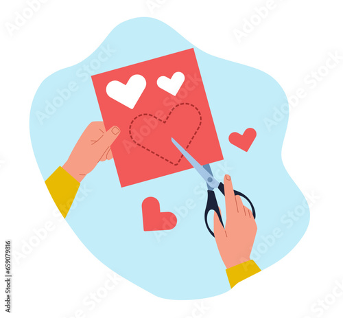Hands cut hearts out of red paper. Hand hold scissors. Origami and crafts, celebration valentine day, making postcard or decoration gift, cartoon flat isolated illustration. Vector concept