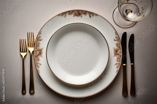 Empty rustic ceramic french style plate, fork and knife on a kitchen table surface, top view. Neat table setting set-up for a dinner party, individual seat