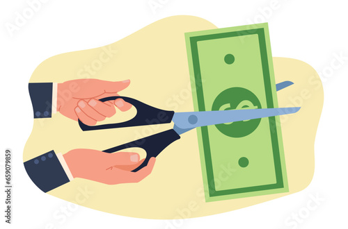 Hands holding scissors for cutting banknotes. Sale and half price. Cost reduction. Big discount offer. Economic recession, low rate. Cartoon flat illustration. Vector financial concept