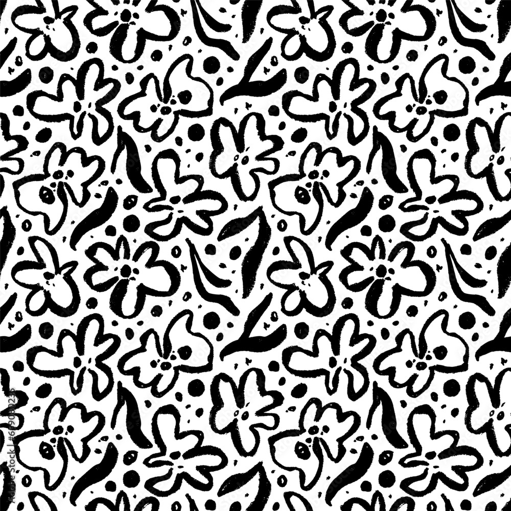 Abstract contemporary seamless pattern with brush drawn flowers. Abstract contemporary seamless pattern with brush drawn flowers.