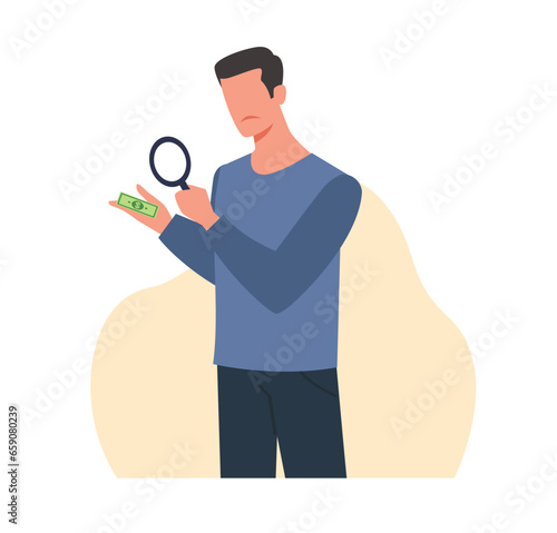 Man looks through magnifying glass at small bill, frustrated by small paycheck. Low salary. Sad businessman, financial crisis. Tiny dollar banknote cartoon flat illustration. Vector concept