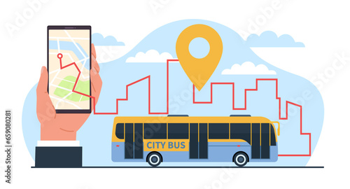 Mobile application on smartphone to track bus routes on city map. Cartoon flat style illustration. Hand hold phone. Location pin. Tracking path of public transport app. Vector concept