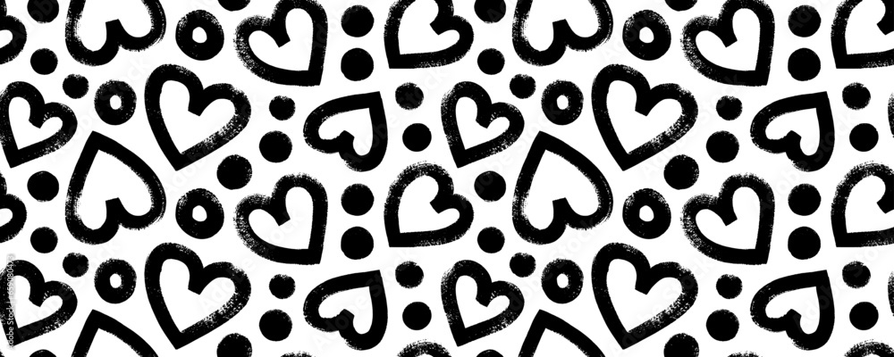 Abstract seamless banner design with brush drawn hearts and dots. Abstract seamless banner design with brush drawn hearts and dots.