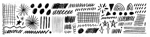 Charcoal pencil scribble vector set. Childish doodle drawing. Charcoal grids, dots, stars.