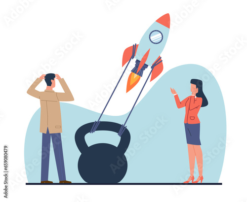 Problem or nuisance preventing start up, frustrated businessmen look at cargo preventing rocket from taking off. Economical crisis. Cartoon flat style illustration. Vector business concept