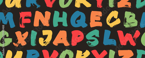 Seamless banner design with colorful bold brush drawn alphabet letters.