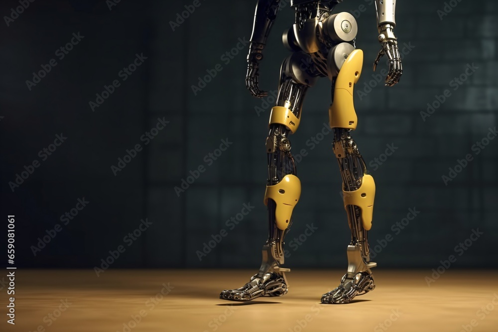 3d rendering humanoid robot walking on the floor in the dark room