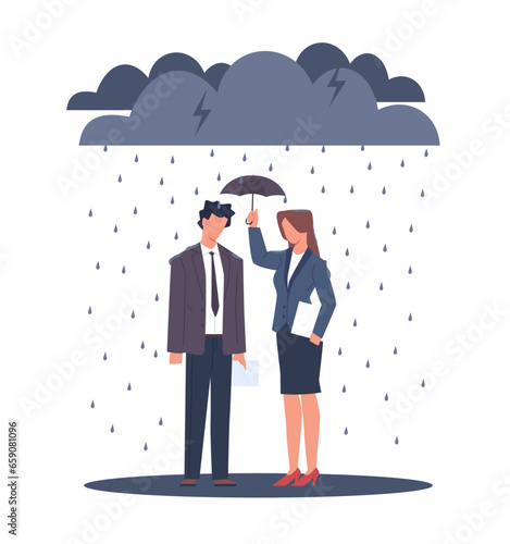 Small financial cushion, drenched businessmen with small umbrella to protect them from heavy downpour. Unhappy poor people in economical crisis cartoon flat isolated illustration. Vector concept