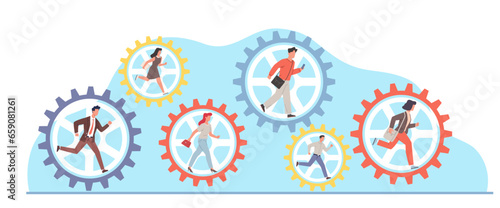 Teamwork concept, businessmen running inside machine gears. Male and female characters cooperation and collaboration, working together. Cartoon flat isolated vector partnership illustration