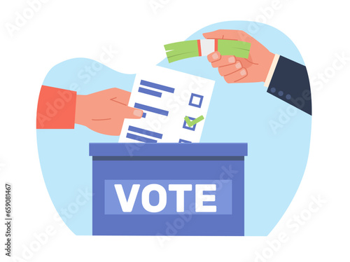 Vote buying by political candidates. Voting election corruption. Bribery in election process. Politician holding money and voter holding ballot cartoon flat style isolated vector concept