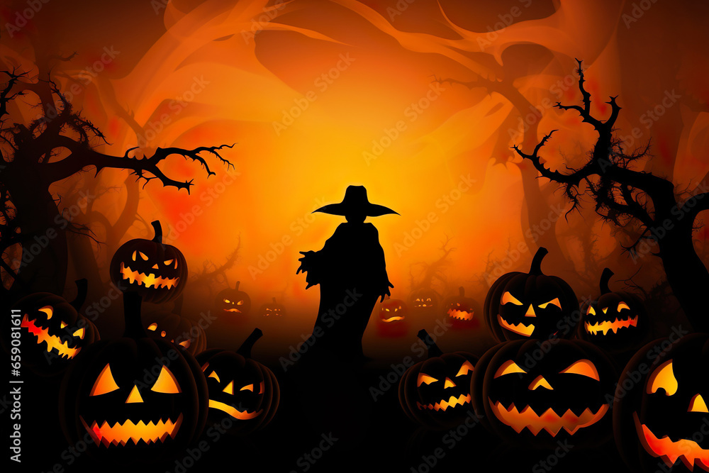 Person in witch hat walking among pumpkin lanterns at Halloween night