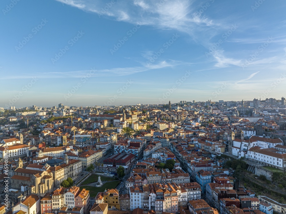 Drone image of Porto city center in the morning at sunrise