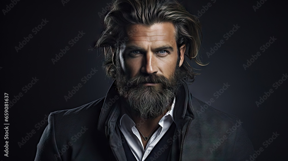 Suave and Stylish Mid-Aged Man with a Lush Beard and Hair.Showcase your mustache and hair products with this attractive model, exuding modern fashion and grooming Suave and Stylish Mid-Aged Man with a Lush Beard and Hair.Showcase your mustache and hair products with this attractive model, exuding modern fashion and grooming