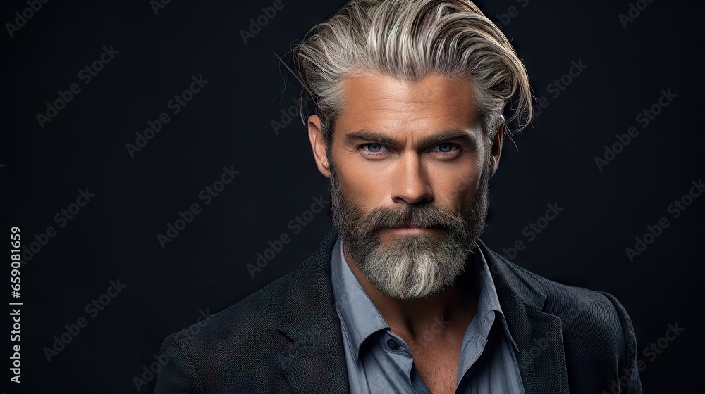 Suave and Stylish Mid-Aged Man with a Lush Beard and Hair.Showcase your mustache and hair products with this attractive model, exuding modern fashion and grooming Suave and Stylish Mid-Aged Man with a Lush Beard and Hair.Showcase your mustache and hair products with this attractive model, exuding modern fashion and grooming