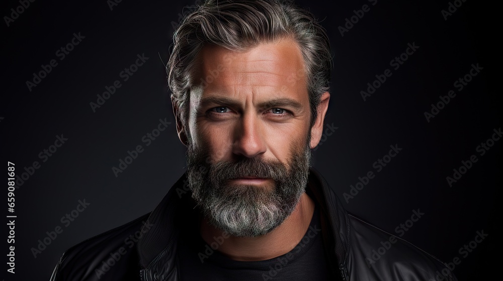 Suave and Stylish Mid-Aged Man with a Lush Beard and Hair.Showcase your mustache and hair products with this attractive model, exuding modern fashion and grooming