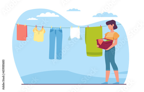 Woman housewife hangs washed laundry on clothesline. Clothing hanging on rope. Underwear and garments attached with clothespins to cord. Cartoon flat style isolated vector concept