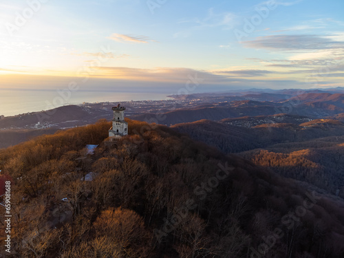 Ferris wheel on Mount Akhun with sea and autumn view. High quality photo photo