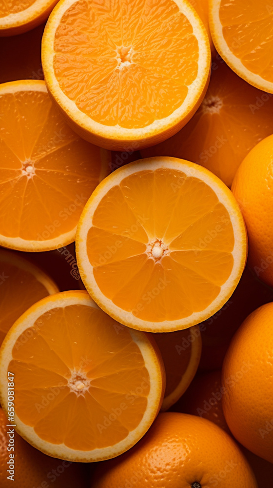 Fototapeta premium orange background. generative ai. lots of sliced ​​oranges.