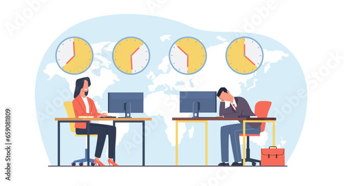 World business time concept  managers work in branches in different time zones. International business. Clocks showing local timezone. Global network. Cartoon flat isolated vector illustration