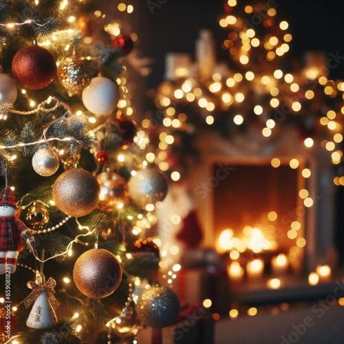 Christmas tree with lights and a garland with decoration balls, in the backgr...