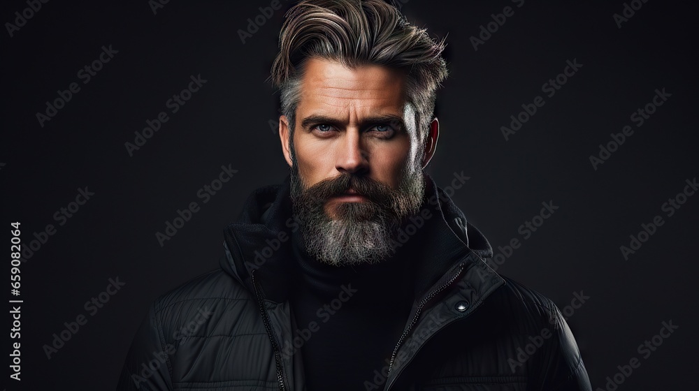 Suave and Stylish Masculine Model with Lush Beard and Hair.His confident and modern style makes him the ideal model for your hair and mustache product advertisement Suave and Stylish Masculine Model with Lush Beard and Hair.His confident and modern style makes him the ideal model for your hair and mustache product advertisement