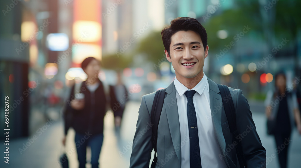 This image features a cheerful Asian businessman in a suit walking through a bustling city street on his way to the office, with the blurred street enhancing the urban vibe. This image features a cheerful Asian businessman in a suit walking through a bustling city street on his way to the office, with the blurred street enhancing the urban vibe.