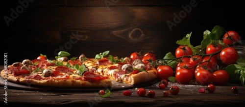 Tasty pizza with cheese and tomatoes on a wooden background