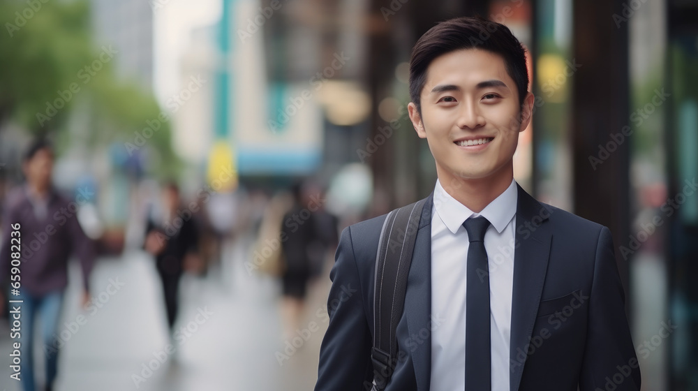 This image features a cheerful Asian businessman in a suit walking through a bustling city street on his way to the office, with the blurred street enhancing the urban vibe. This image features a cheerful Asian businessman in a suit walking through a bustling city street on his way to the office, with the blurred street enhancing the urban vibe.