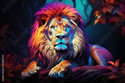 A lion with bright colors on a black background in the forest. Multicoloured majestic lion resting.