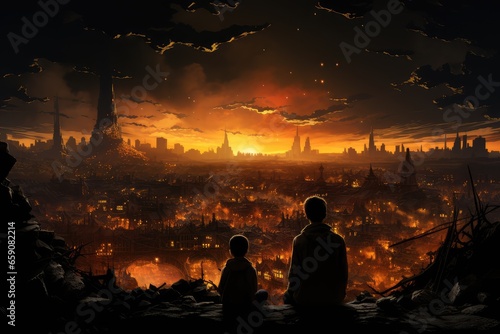 Sad children watching atom bomb explosion in city, nuclear war concept