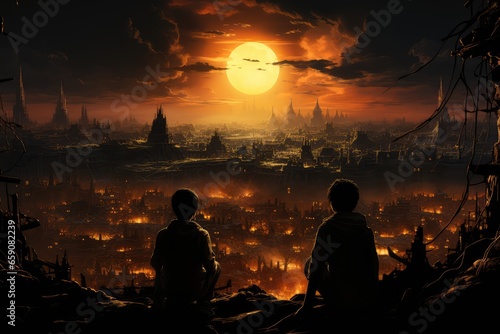 Silhouette of kidsn on the background of the city at war. Sad children watching atom bomb explosion in city, nuclear war concept photo