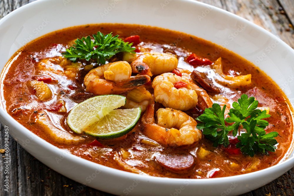 Louisiana soup gumbo with shrimp, chorizo and white rice on wooden table Louisiana soup gumbo with shrimp, chorizo and white rice on wooden table