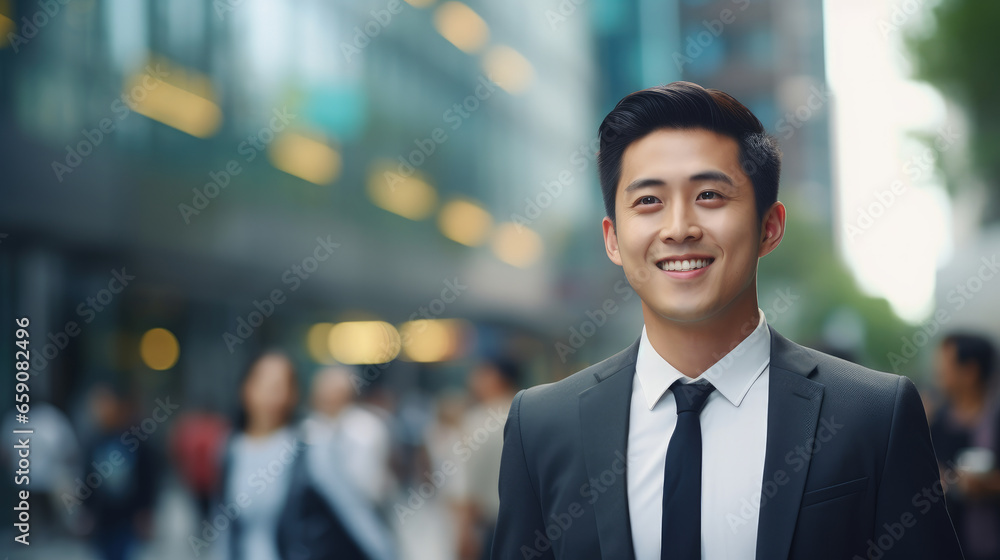 A smiling young Asian businessman in a suit walks along a busy city street, heading to the office. The blurred, bustling street creates a dynamic backdrop.