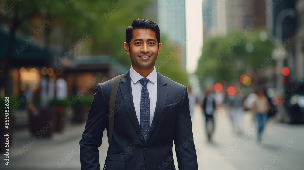 A smiling Asian Indian businessman in a sharp suit walks along a busy city street during his office commute, with the blurred, bustling street as the backdrop. A smiling Asian Indian businessman in a sharp suit walks along a busy city street during his office commute, with the blurred, bustling street as the backdrop.