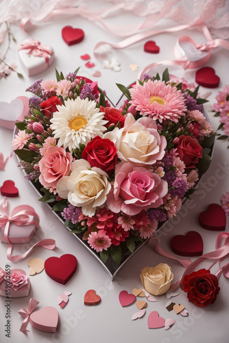 Arrangement of flowers into a heart shape. Ideal for conveying love, romance, and heartfelt emotions. Perfect for Valentine's Day, weddings, and special occasions.