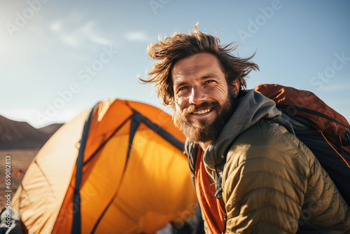 A happy and adventurous young traveler, sitting in the mountainous wilderness, enjoying the freedom of an outdoor journey.