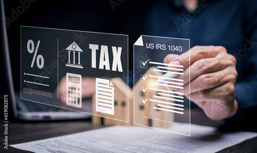 Concept Tax form of US IRS 1040 with TAX-2024 and refund tax of duty taxation business, graphs, and chart being demonstrated on the screen media, US Individual income tax, tax expenditures