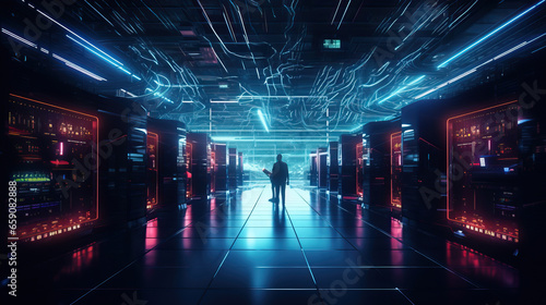 A modern data center with racks of servers, cooling systems, and technicians managing the digital infrastructure that powers our interconnected world