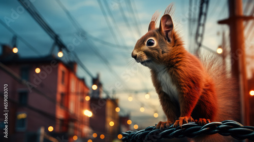 Adventurous squirrel traversing city via power lines background with empty space for text 