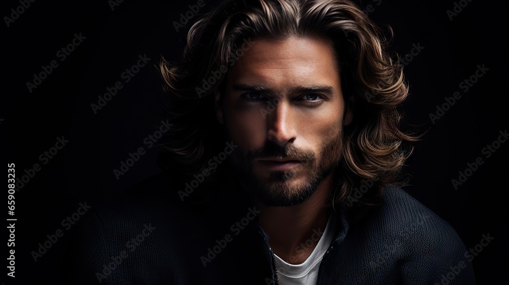 Masculine Hair Model with Luxurious Long Hair.masculine young man with lush, thick, and long hair, showcasing the allure of a hair product Masculine Hair Model with Luxurious Long Hair.masculine young man with lush, thick, and long hair, showcasing the allure of a hair product