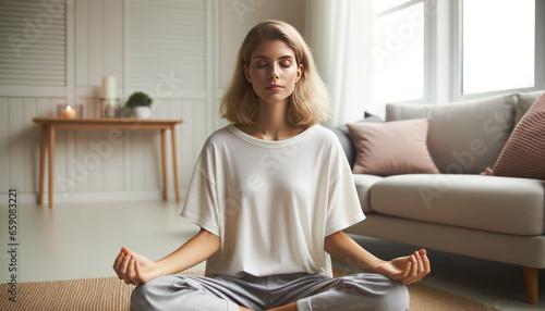 Photo capturing a serene young woman meditating in her living room. With her eyes gently closed, she sits on the floor, exuding calmness and tranquility.
