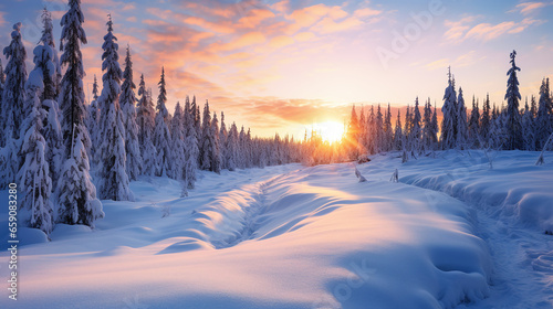 Sunrise sunlight over a frozen winter forest