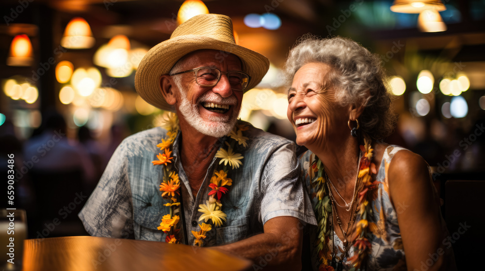 Elderly tourists sharing laugher during a global cruise dinner gathering 