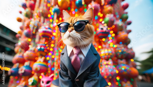 Bright and cheerful photograph capturing a cat in its finest attire. The feline, dressed in a sharp suit and tie 